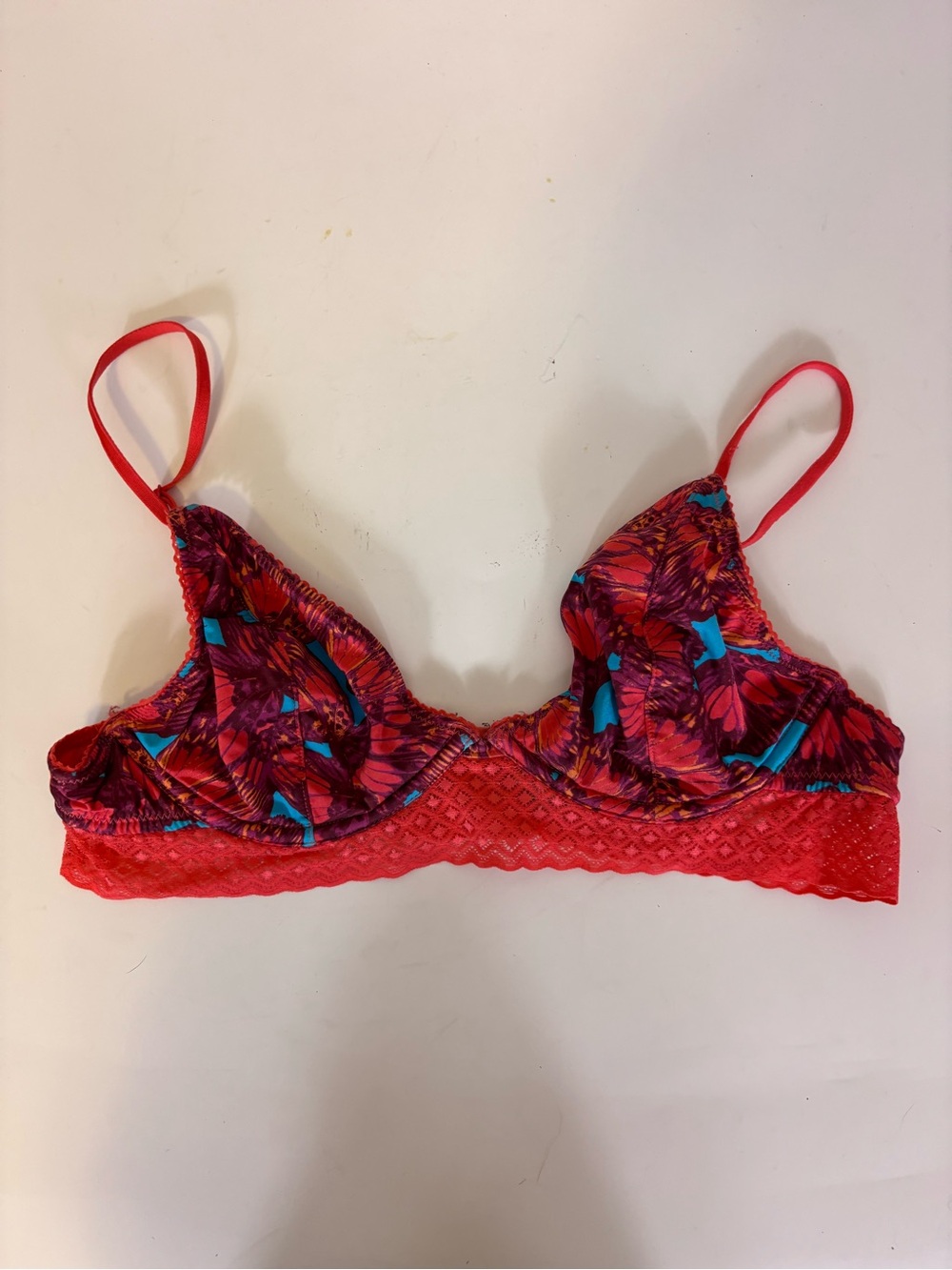 Free People Red Floral Underwire Bra with Blue Highlight Print 36B